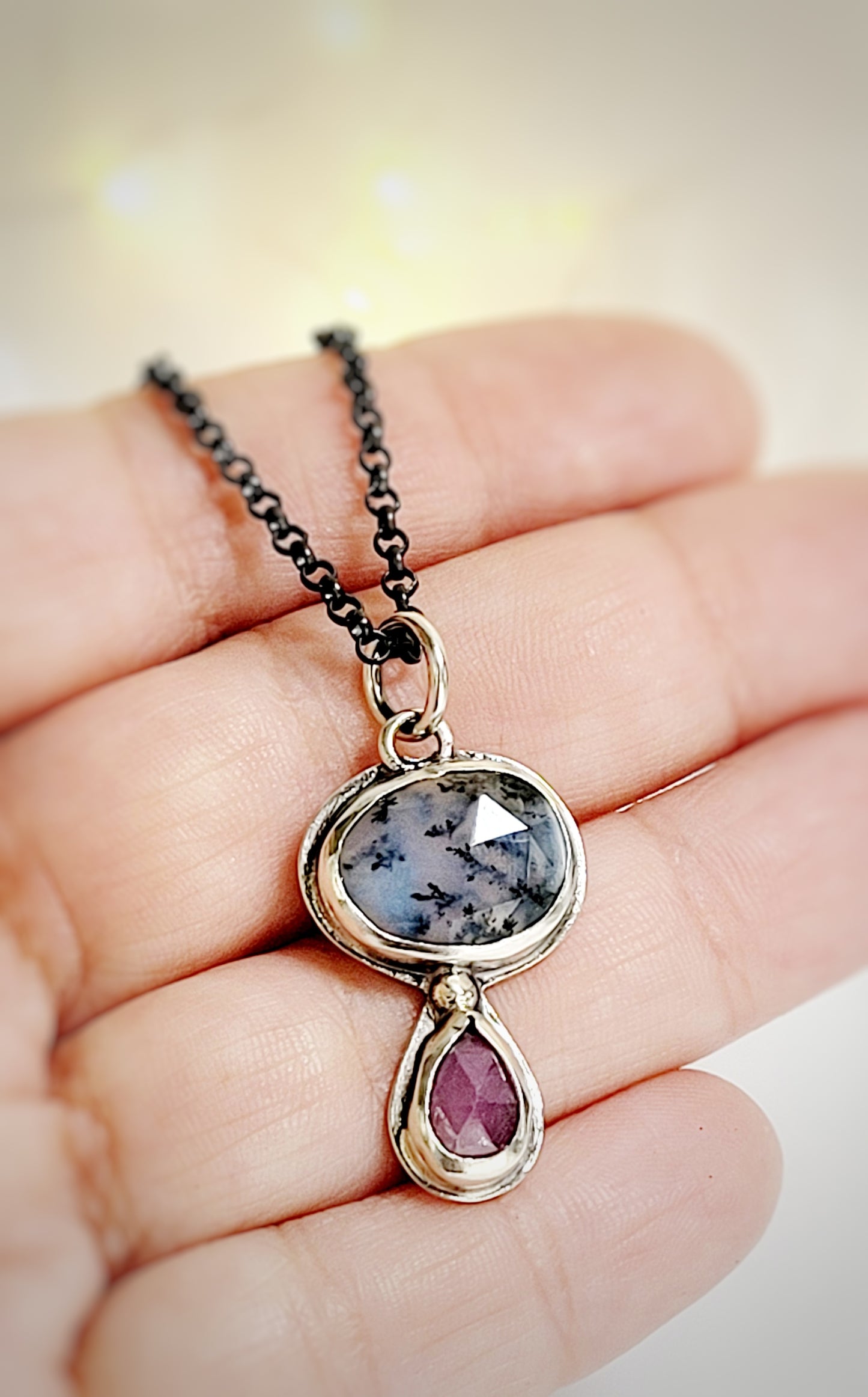 Pendant set with faceted dendrite agate and natural Rubilita Tourmaline in sterling silver
