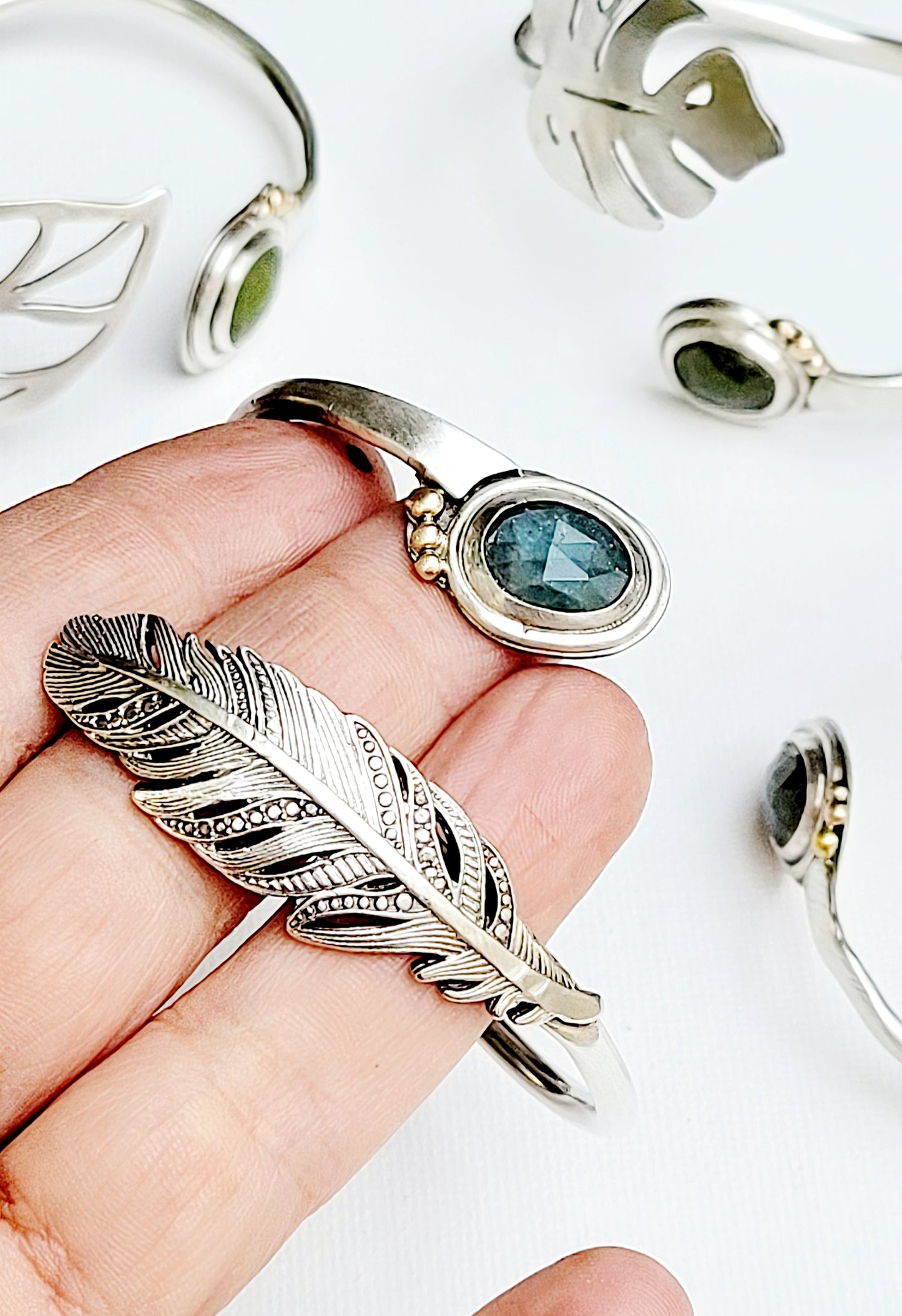 Indigolite Tourmaline and Feather Bracelet
