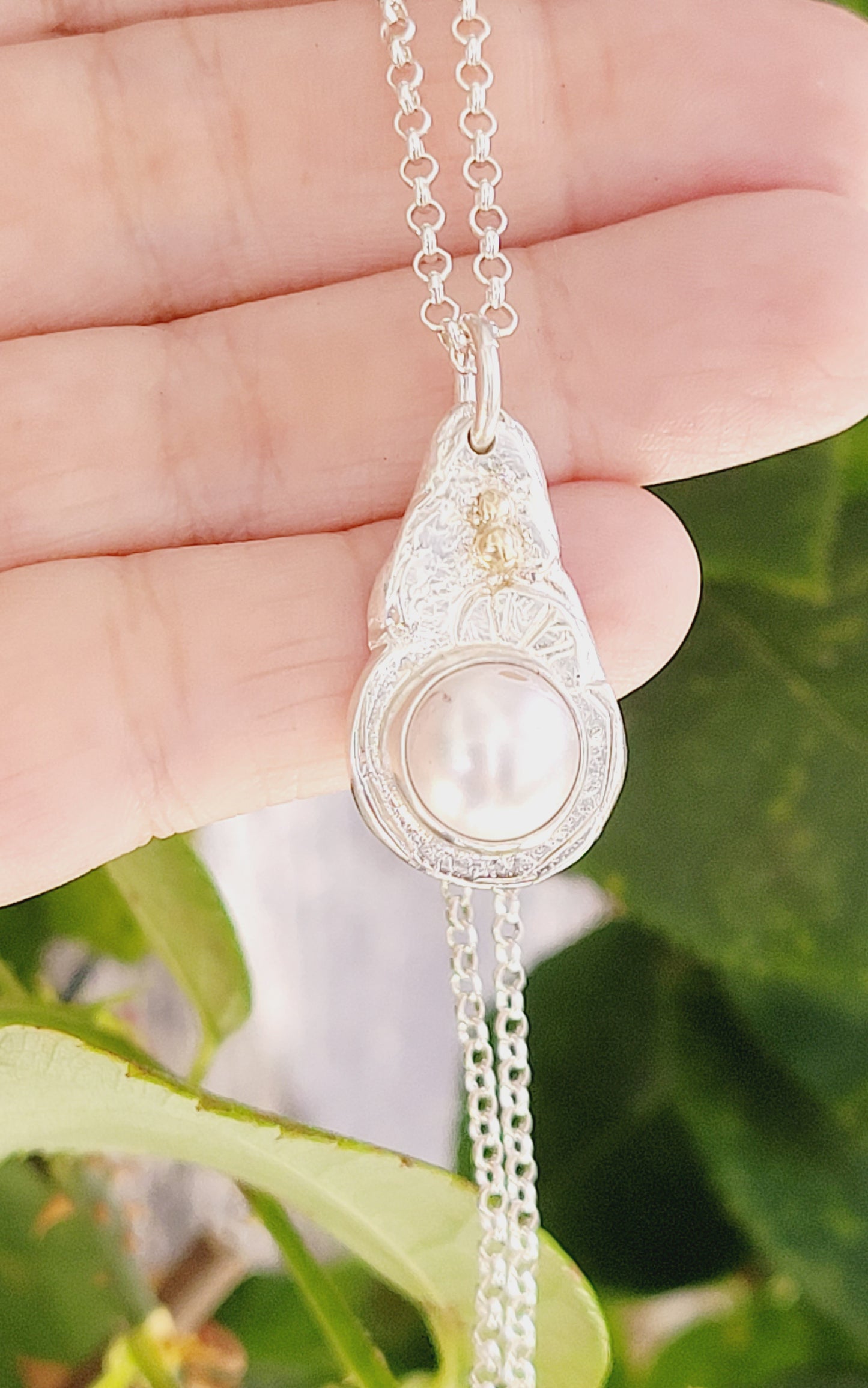 Handmade Pendant in Sterling Silver with 14k Gold detail and Pearl