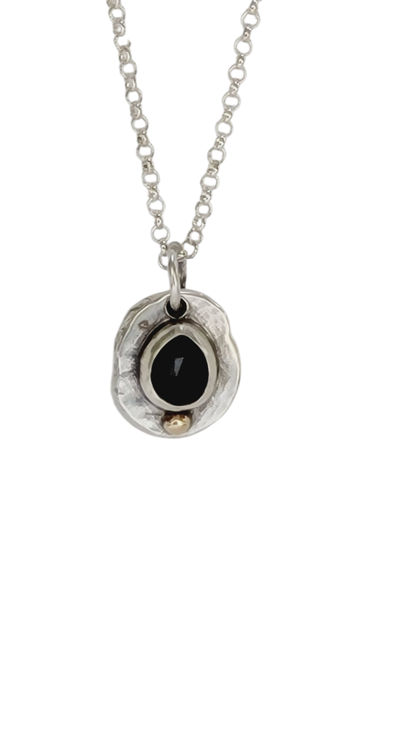 Handmade pendant in sterling silver with 14k gold detail and faceted onyx set