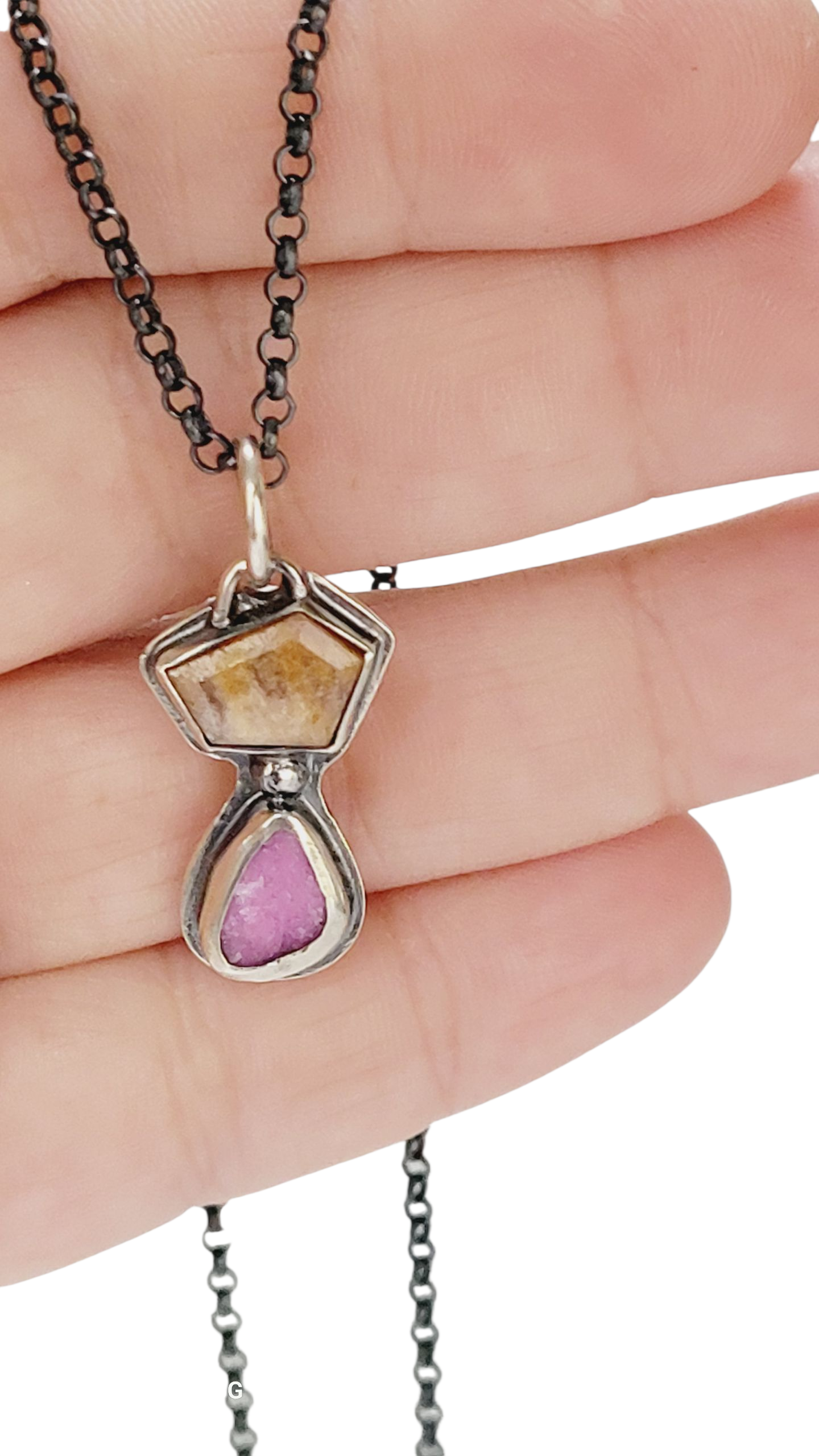 Handmade sterling silver pendant set with a citrine topaz and a cobalt mineral