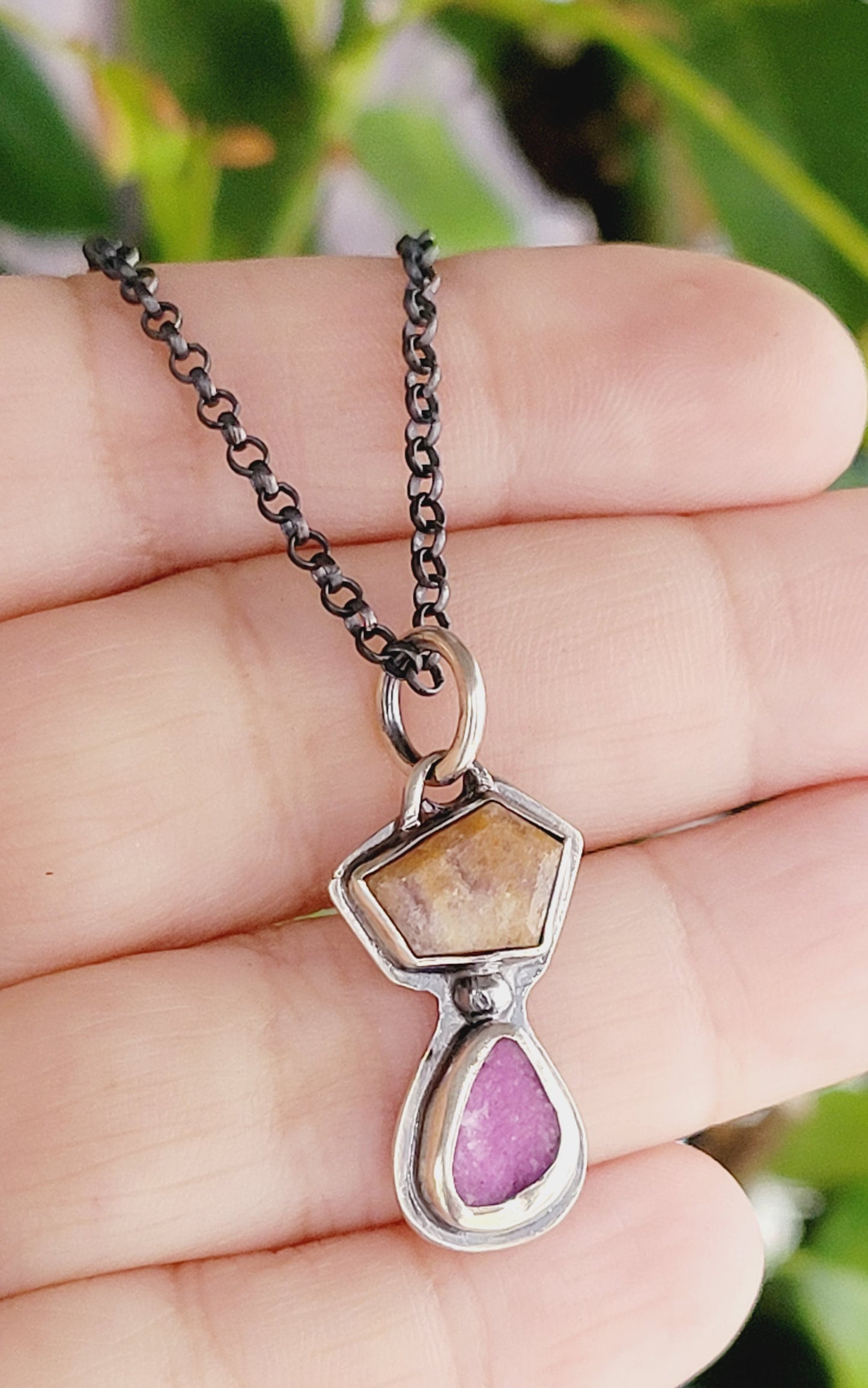 Handmade sterling silver pendant set with a citrine topaz and a cobalt mineral