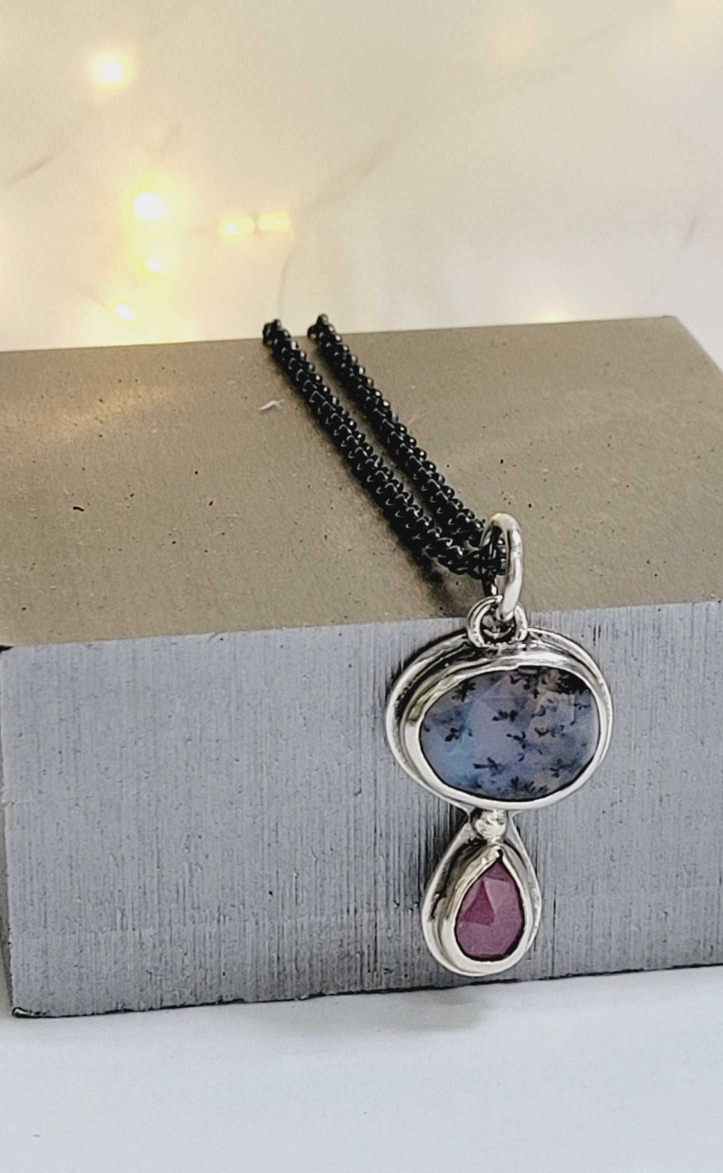 Pendant set with faceted dendrite agate and natural Rubilita Tourmaline in sterling silver