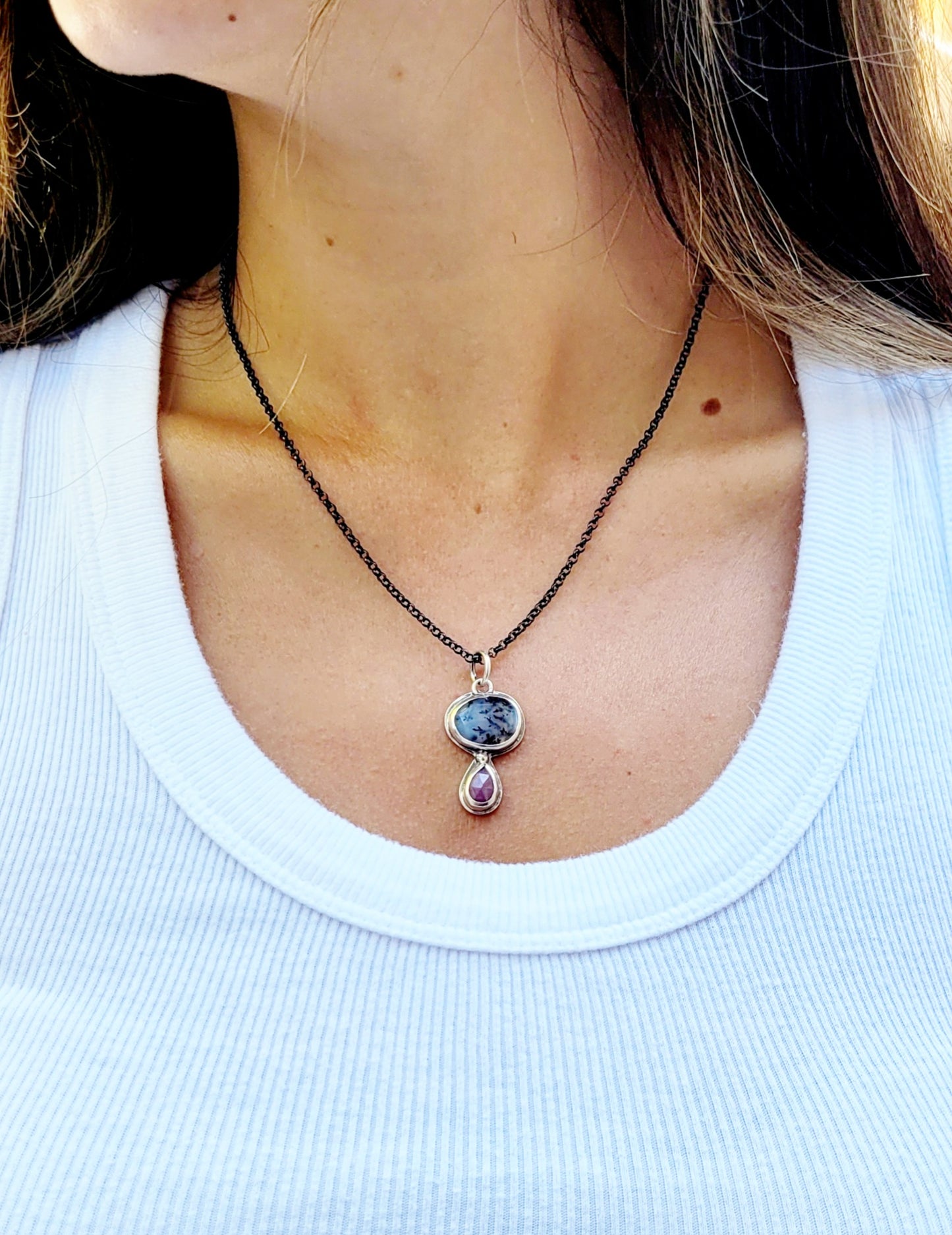 Pendant set with faceted dendrite agate and natural Rubilita Tourmaline in sterling silver