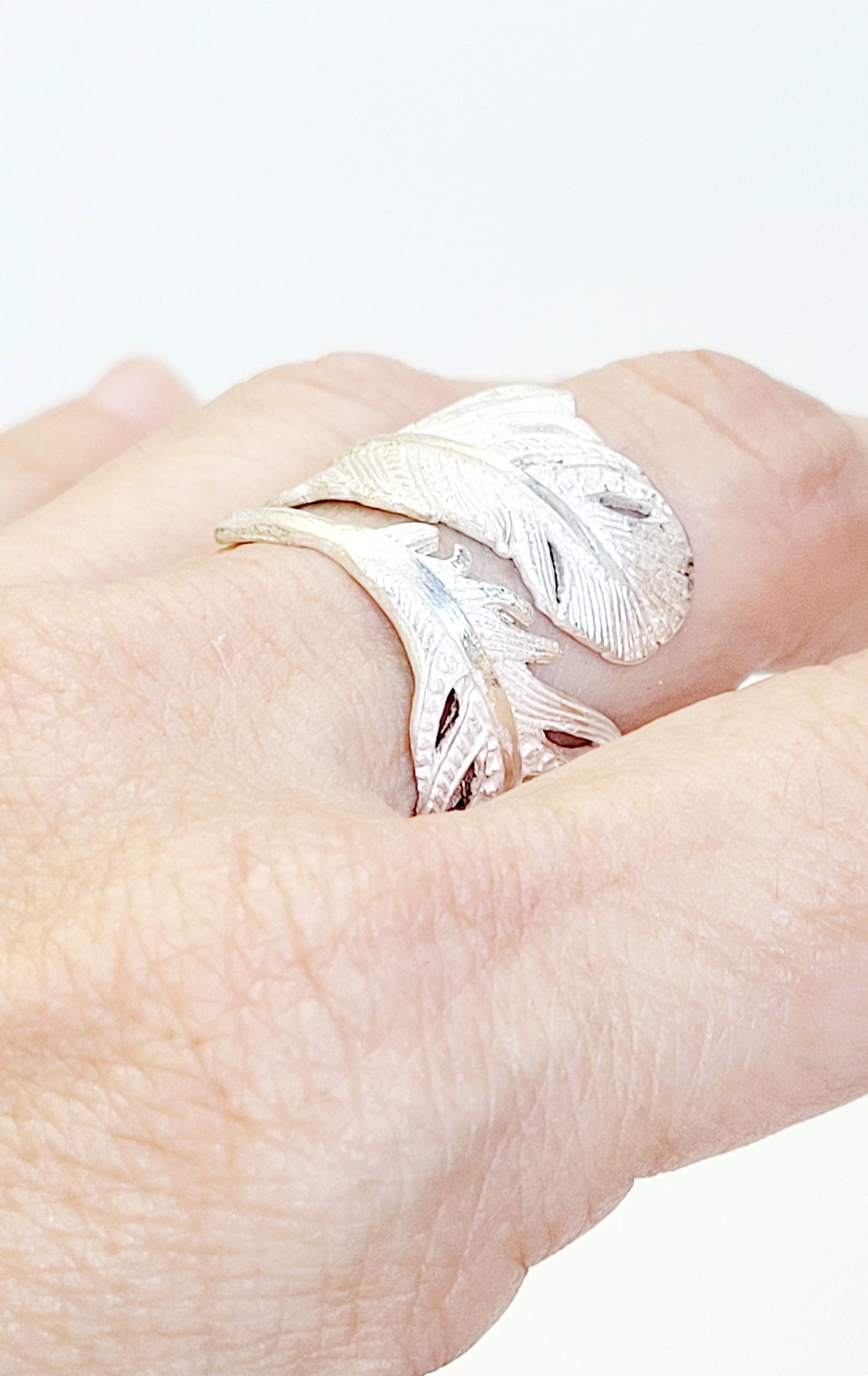 Adjustable Feather Ring Hand Chiseled in Sterling Silver