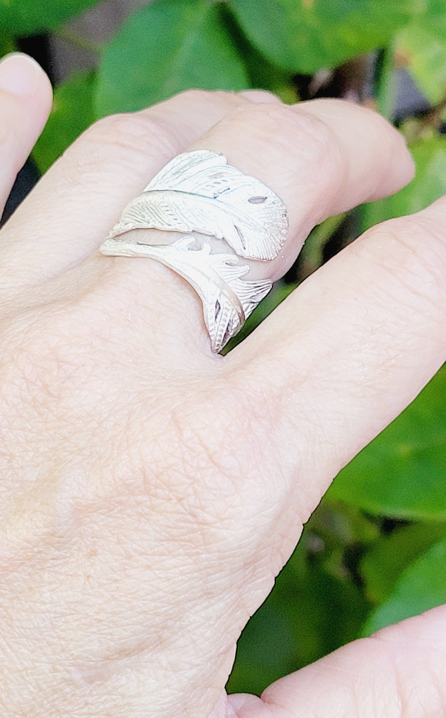 Adjustable Feather Ring Hand Chiseled in Sterling Silver