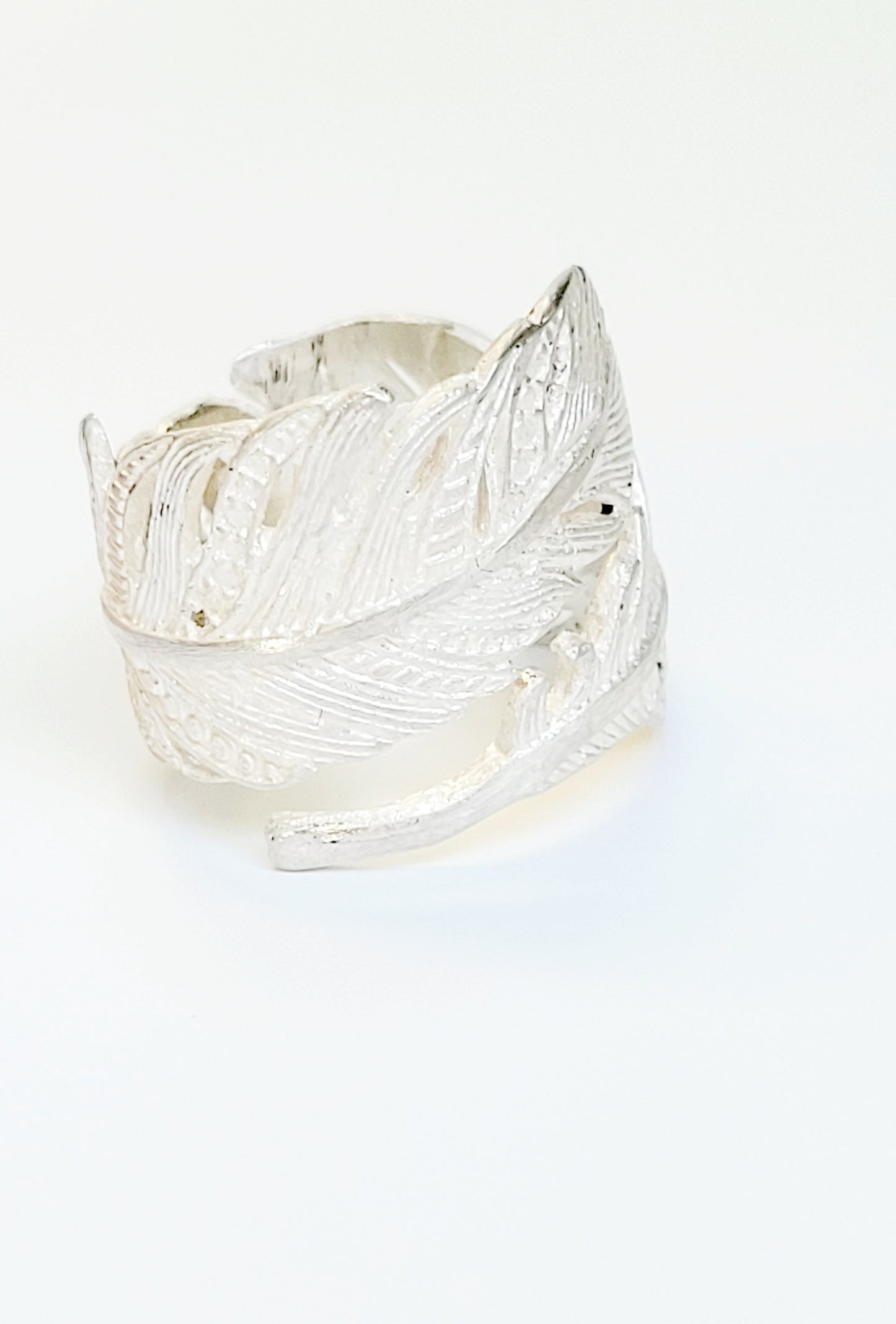 Adjustable Feather Ring Hand Chiseled in Sterling Silver