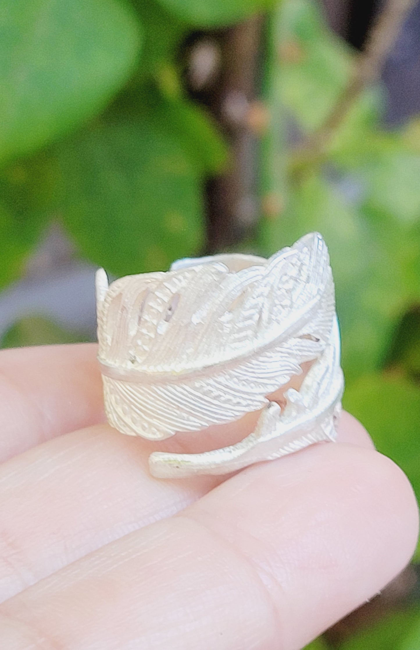Adjustable Feather Ring Hand Chiseled in Sterling Silver