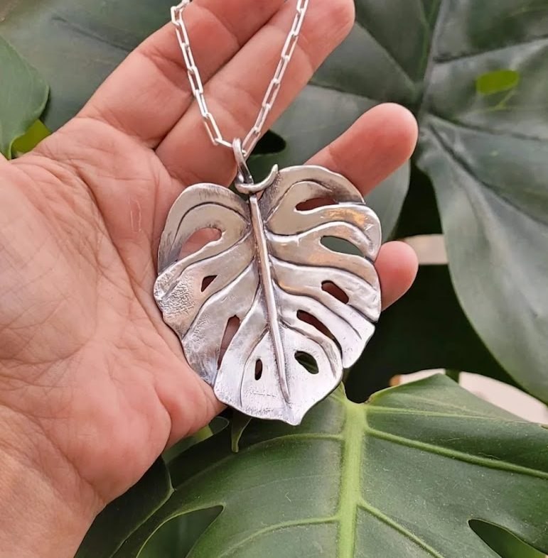 Sterling Silver chiseled Monstera Leaf made especially for Marina