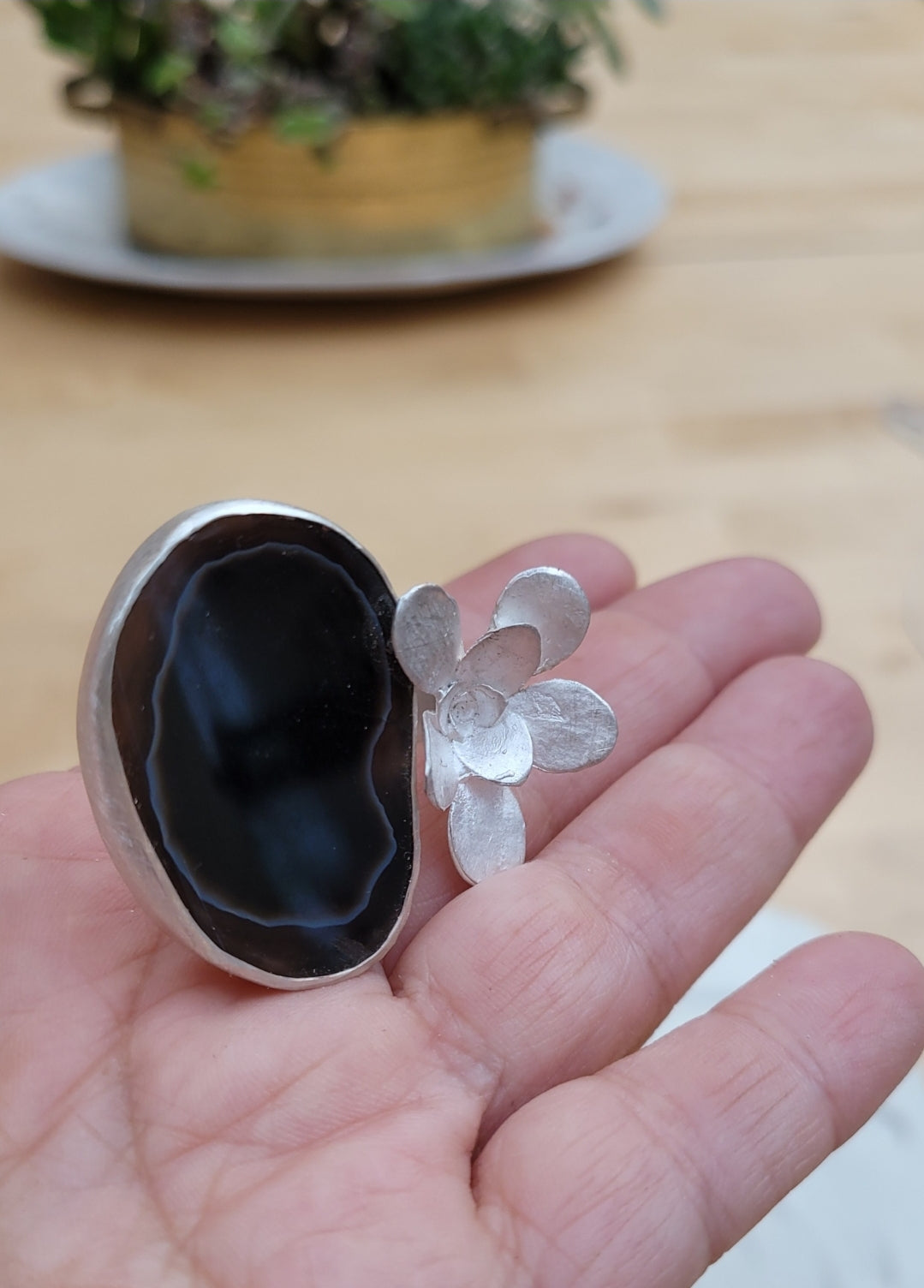 Sterling Silver Agate Slice and Succulent Ring.