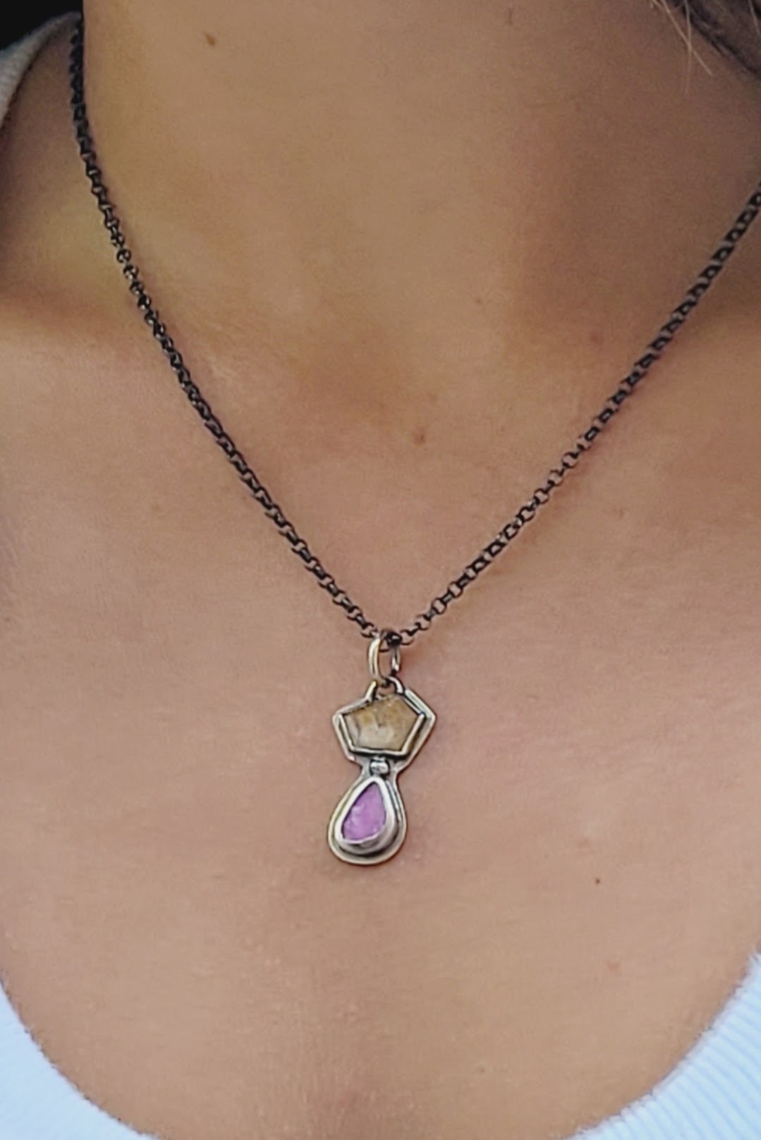 Handmade sterling silver pendant set with a citrine topaz and a cobalt mineral