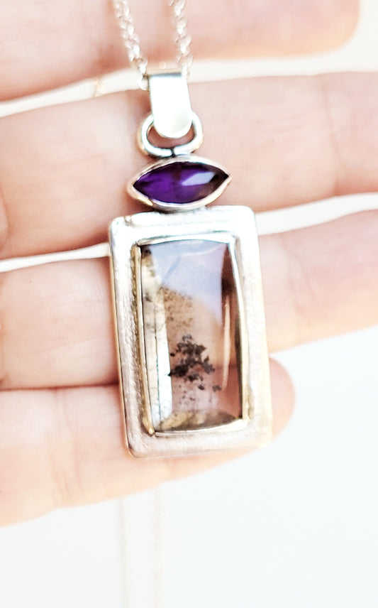 Sterling Silver pendant and setting with Quartz Dendrite and Amethyst