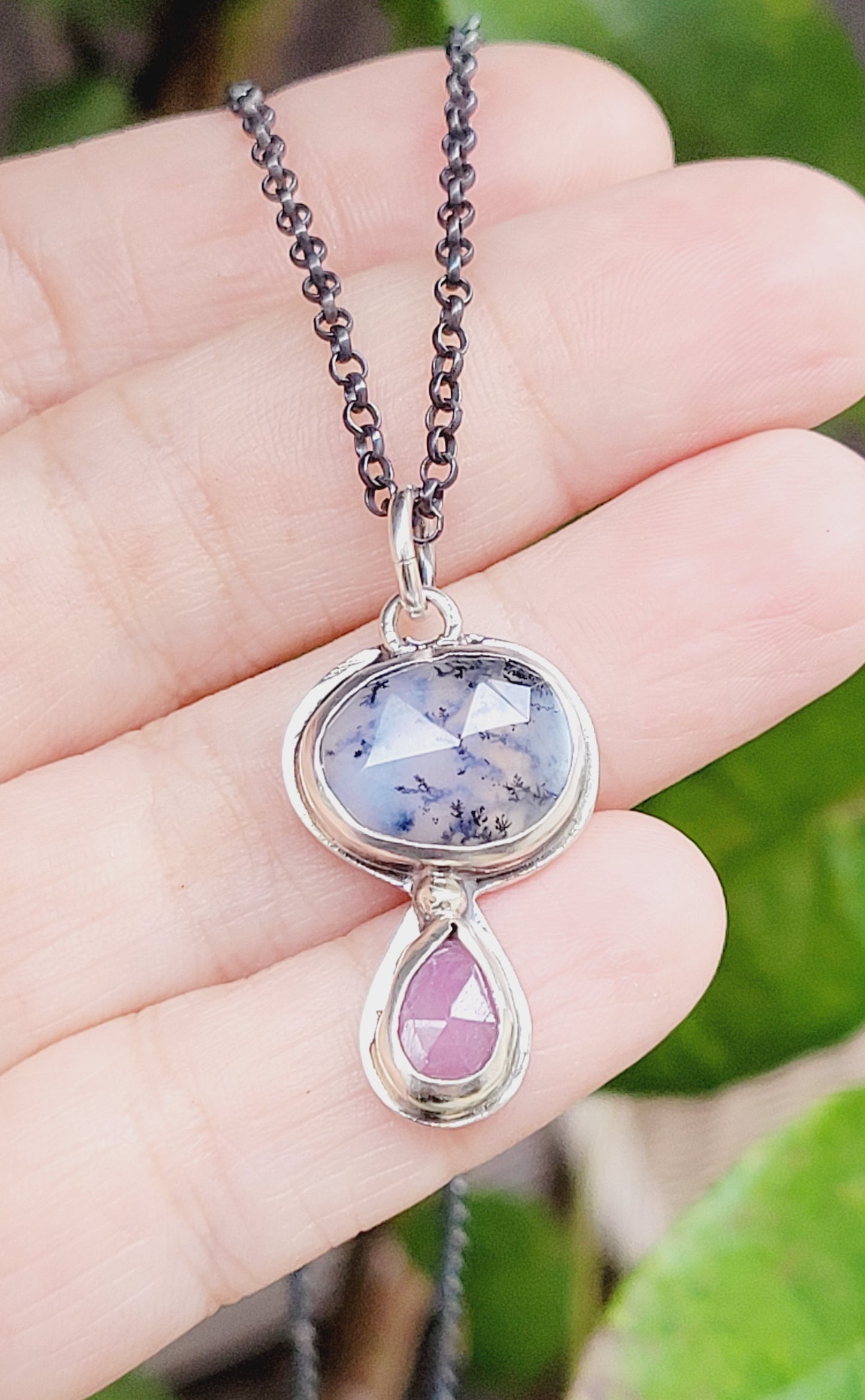 Pendant set with faceted dendrite agate and natural Rubilita Tourmaline in sterling silver