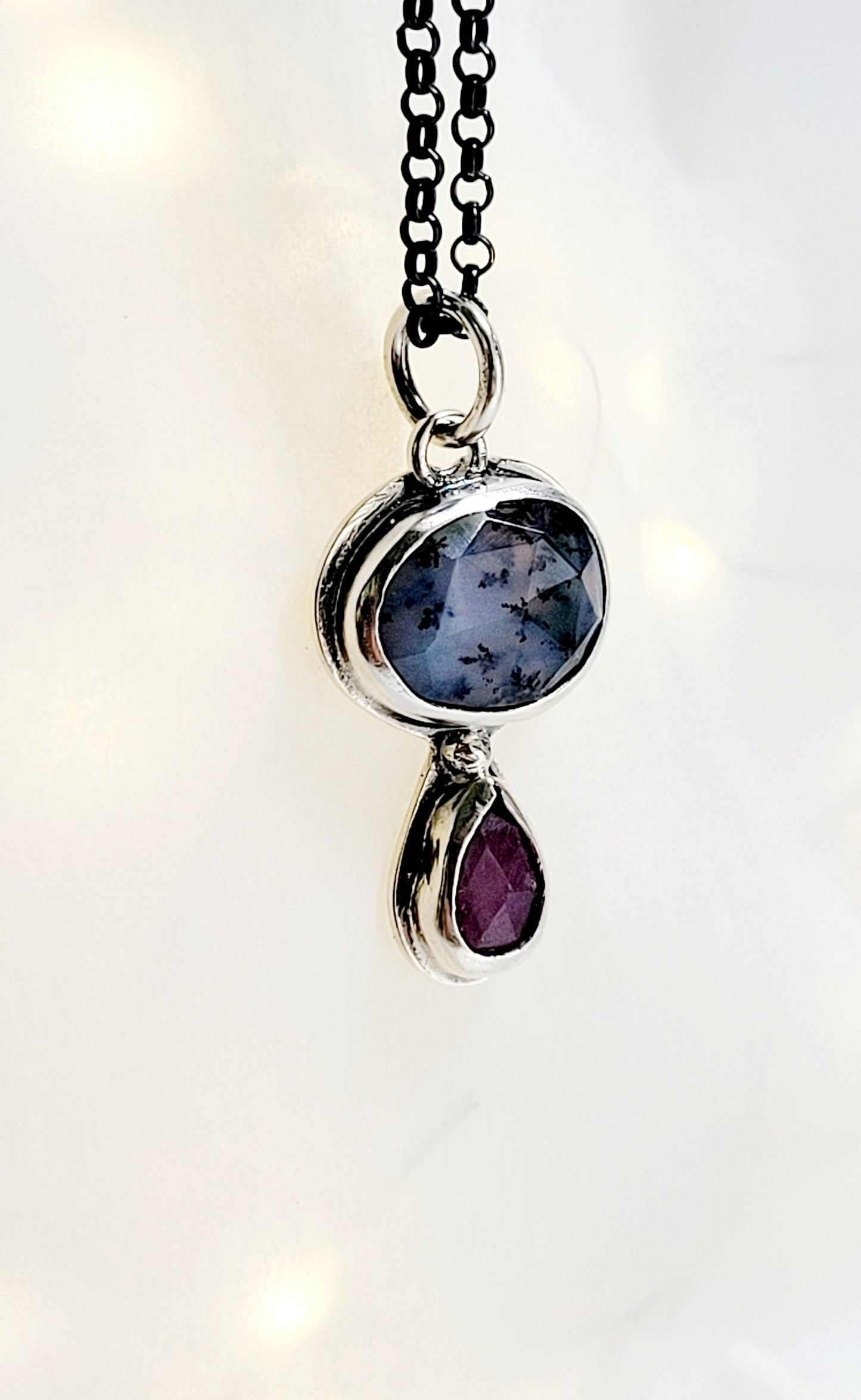 Pendant set with faceted dendrite agate and natural Rubilita Tourmaline in sterling silver