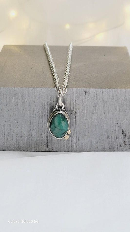 Sterling Silver pendant with Faceted Emerald and 14k gold