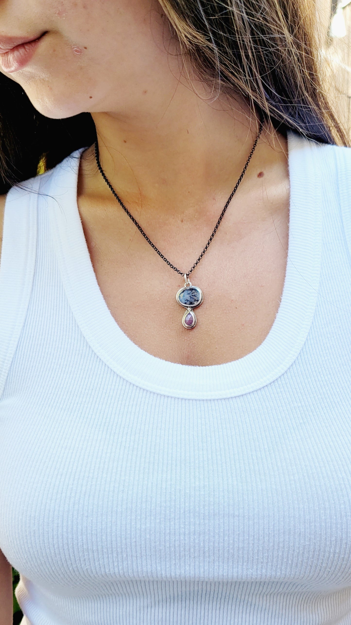 Pendant set with faceted dendrite agate and natural Rubilita Tourmaline in sterling silver
