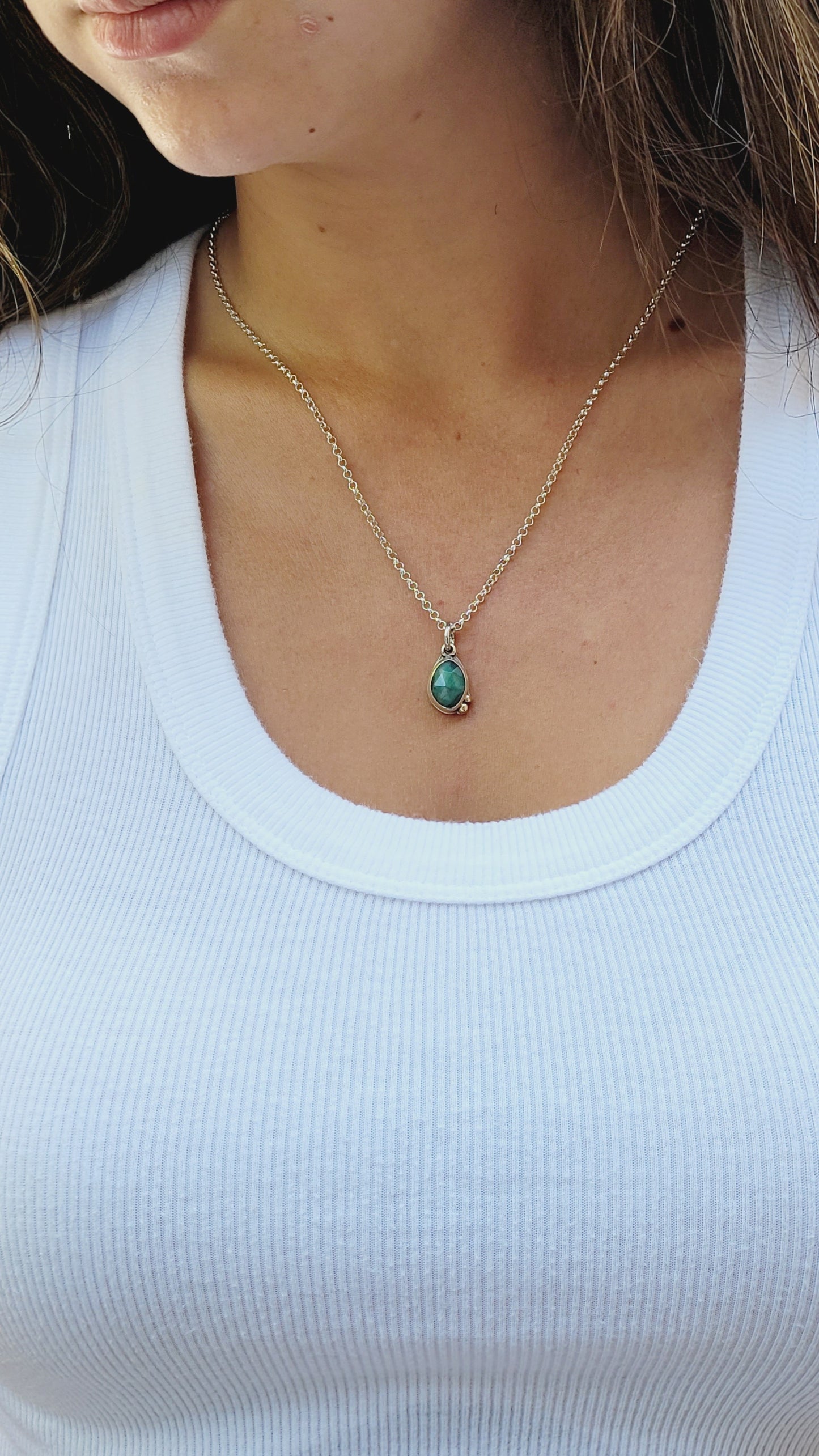 Sterling Silver pendant with Faceted Emerald and 14k gold
