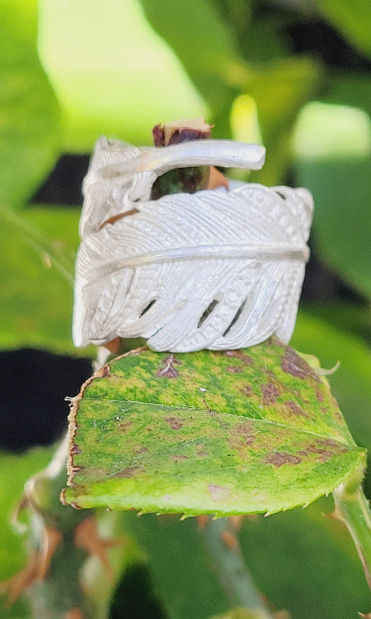 Adjustable Feather Ring Hand Chiseled in Sterling Silver
