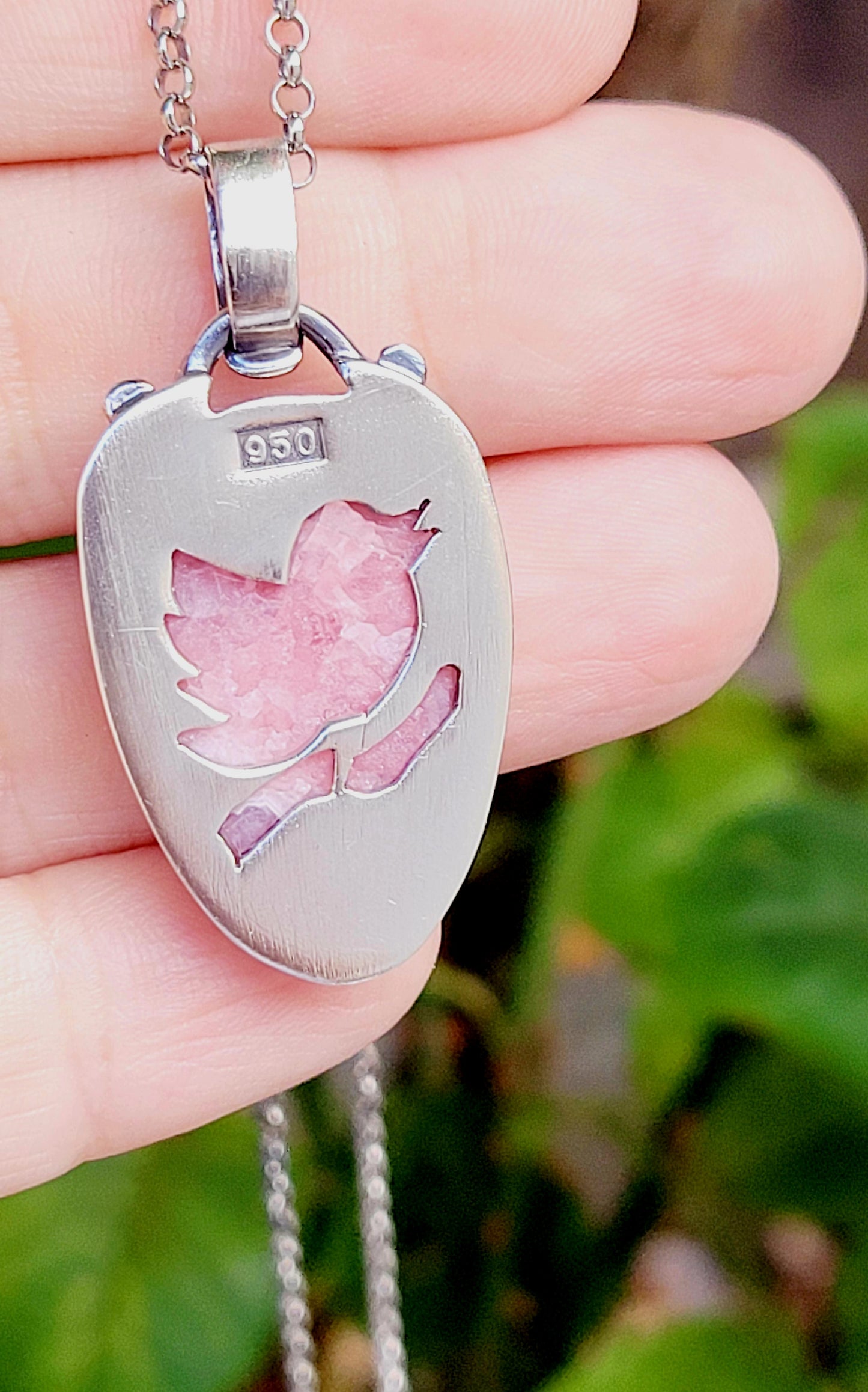 Handmade Pendant in Sterling Silver and Incarose with work on the back