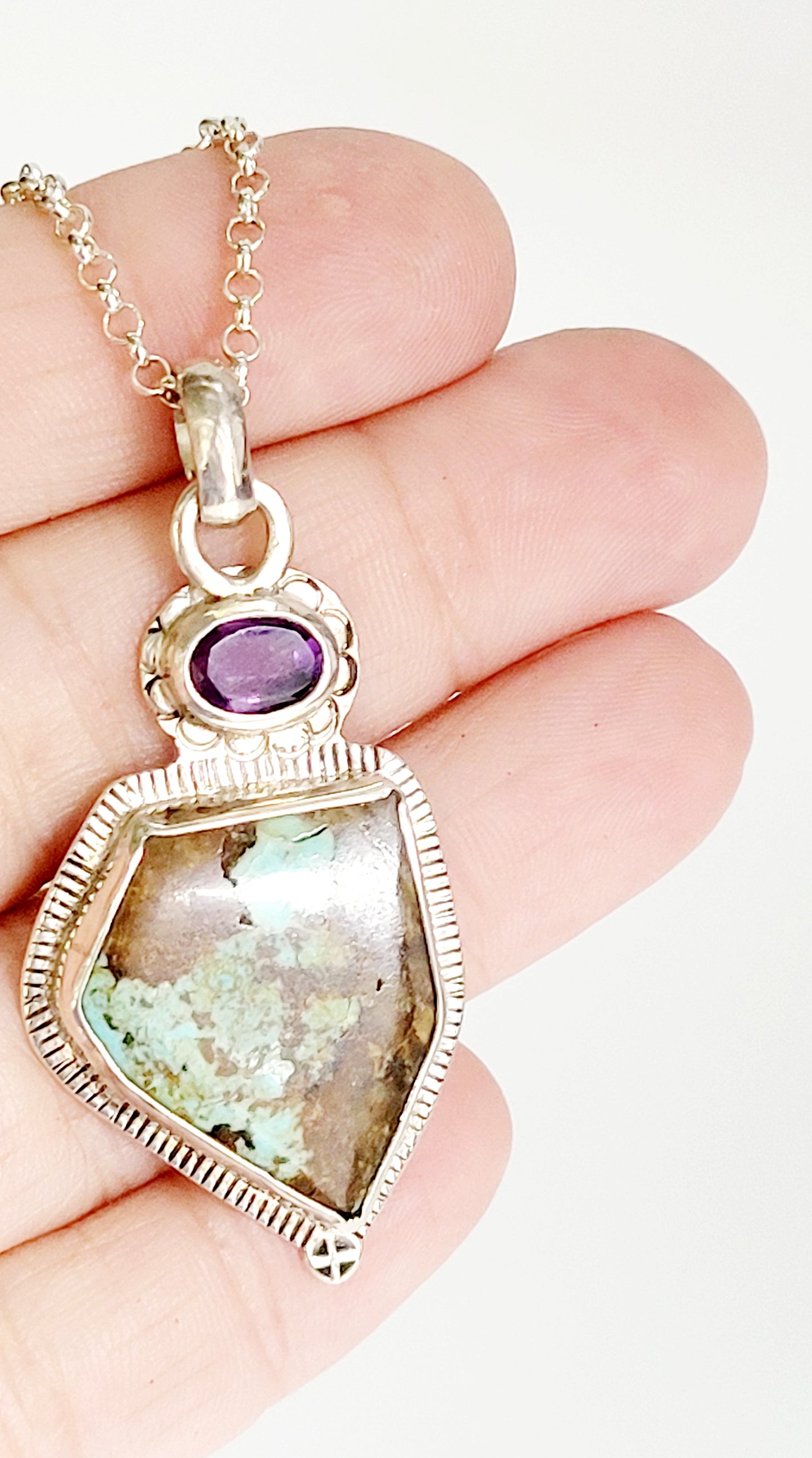 Handmade Sterling Silver Pendant with Turquoise and Amethyst