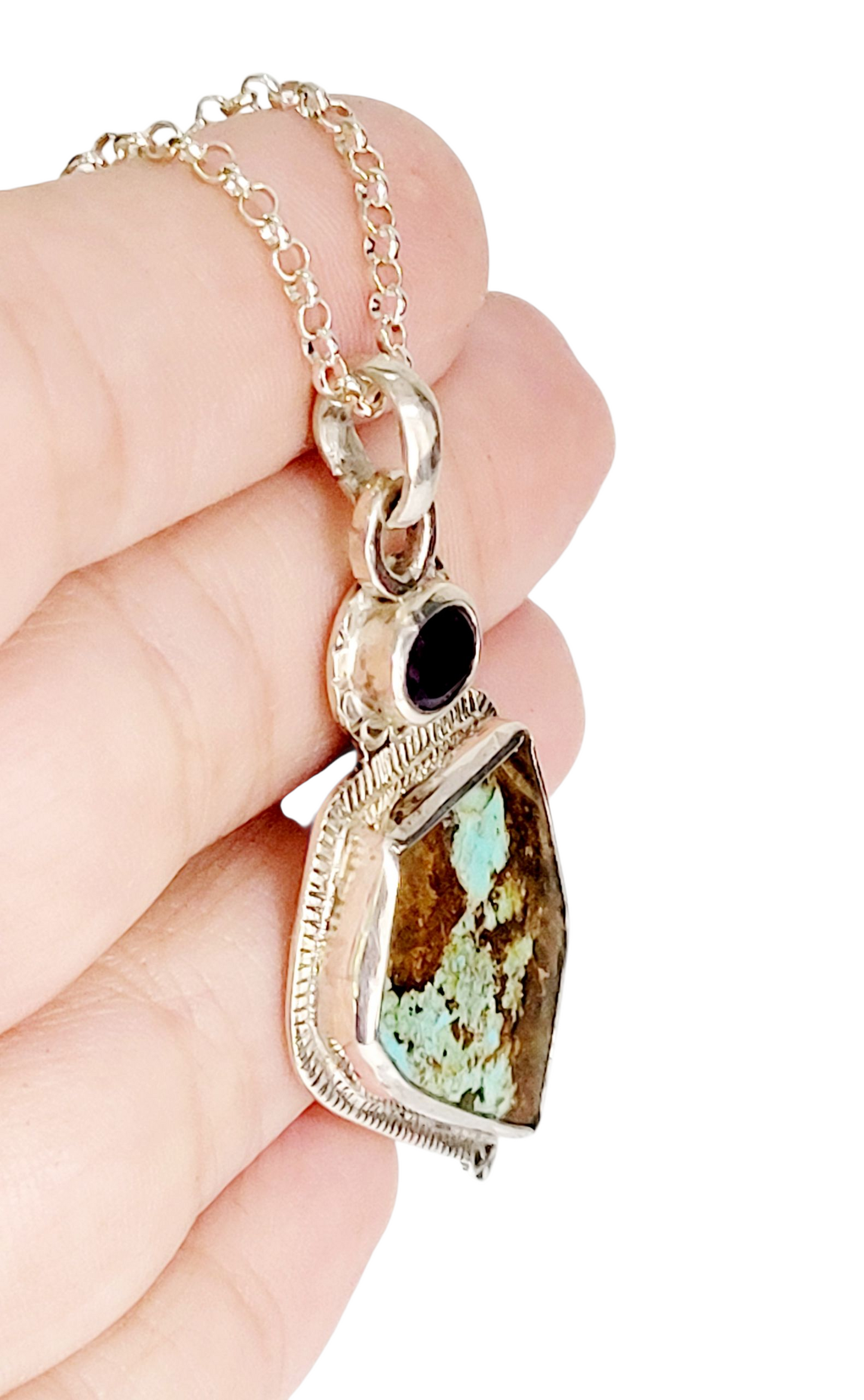 Handmade Sterling Silver Pendant with Turquoise and Amethyst