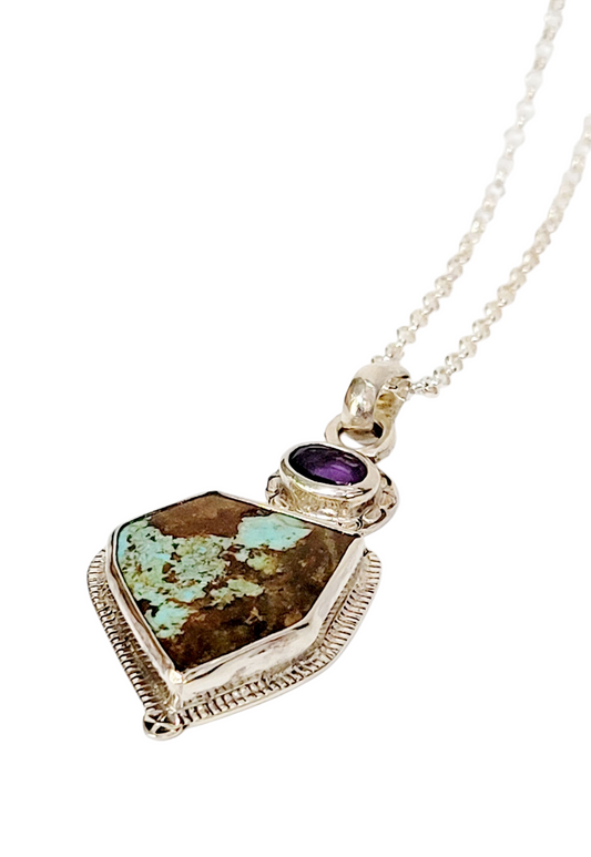 Handmade Sterling Silver Pendant with Turquoise and Amethyst