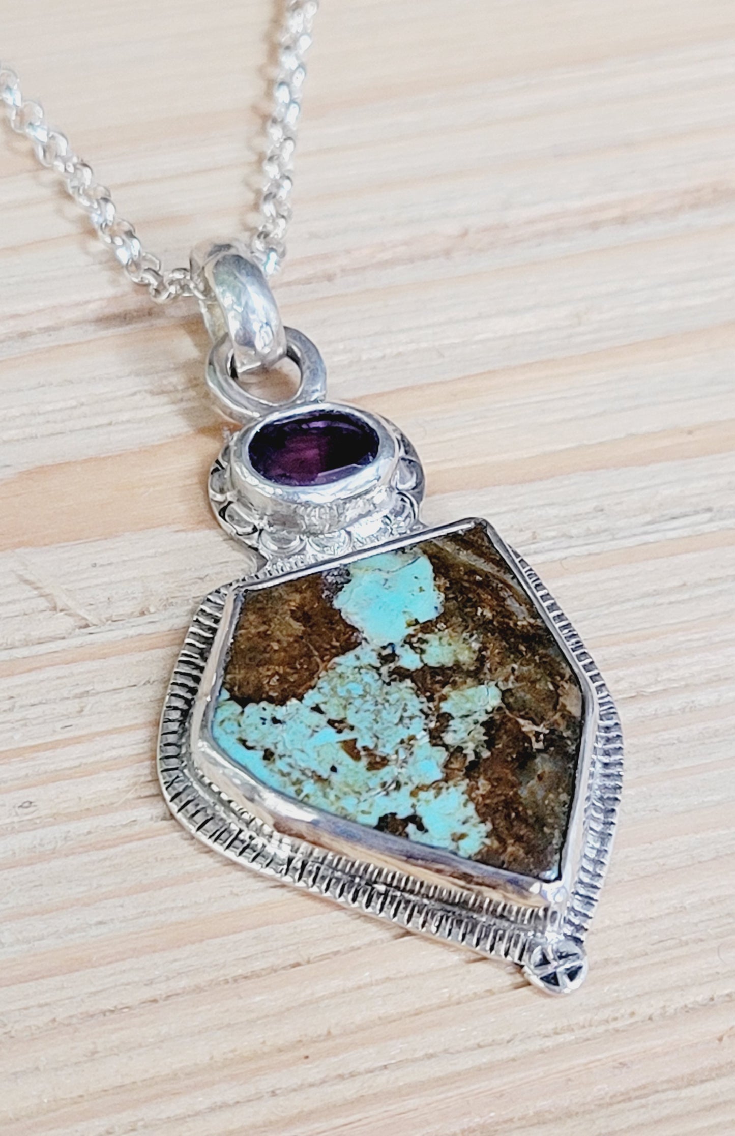 Handmade Sterling Silver Pendant with Turquoise and Amethyst