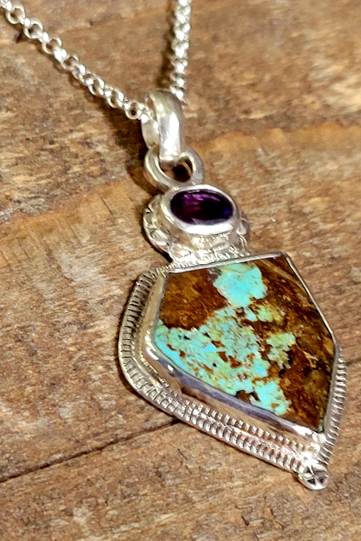 Handmade Sterling Silver Pendant with Turquoise and Amethyst