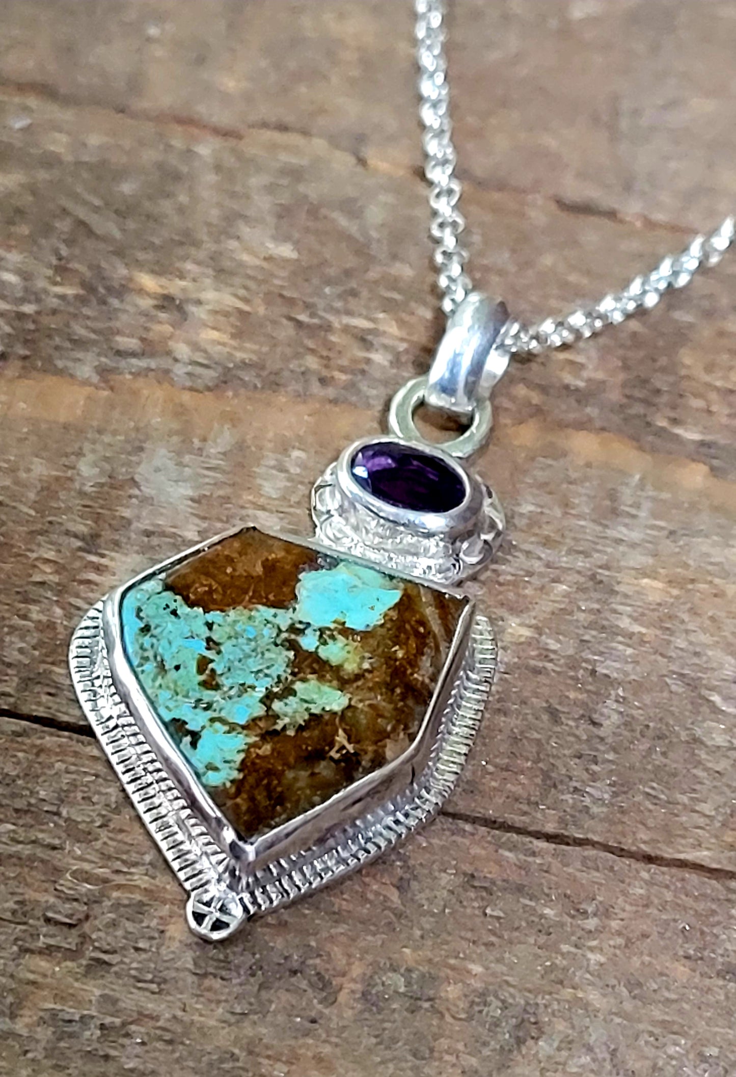 Handmade Sterling Silver Pendant with Turquoise and Amethyst