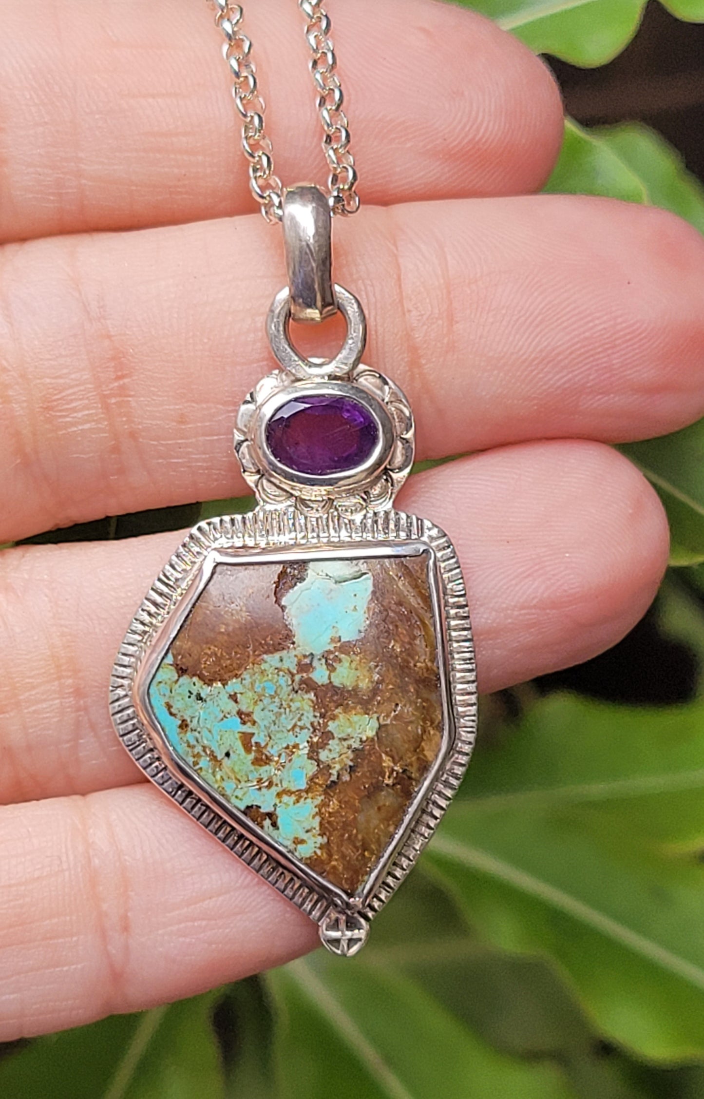 Handmade Sterling Silver Pendant with Turquoise and Amethyst