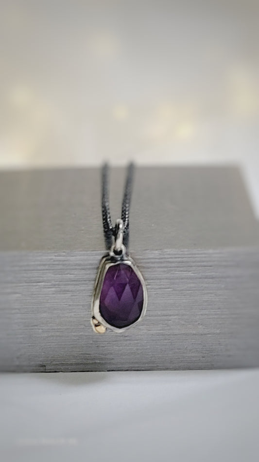 Pendant  set amethyst in sterling silver with 14k gold details.