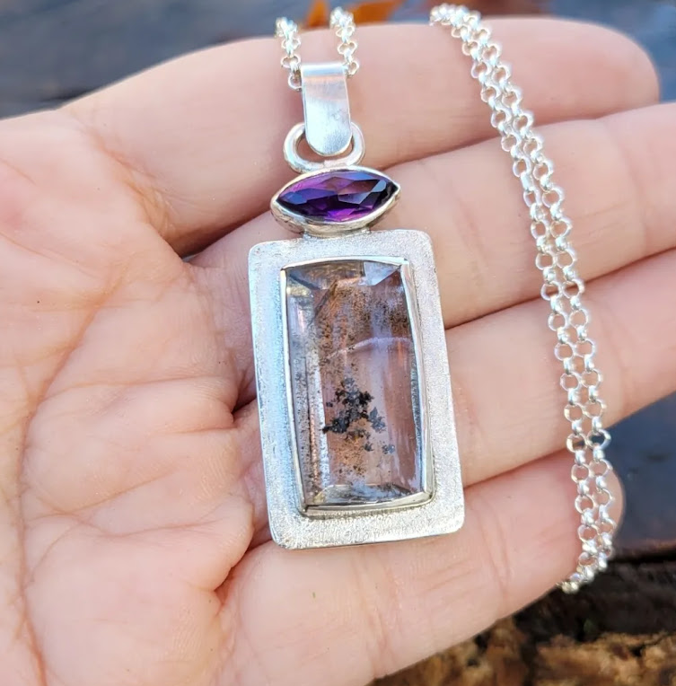 Sterling Silver pendant and setting with Quartz Dendrite and Amethyst