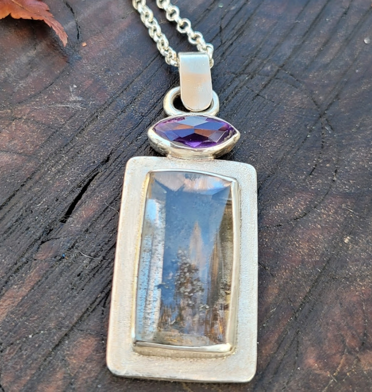 Sterling Silver pendant and setting with Quartz Dendrite and Amethyst