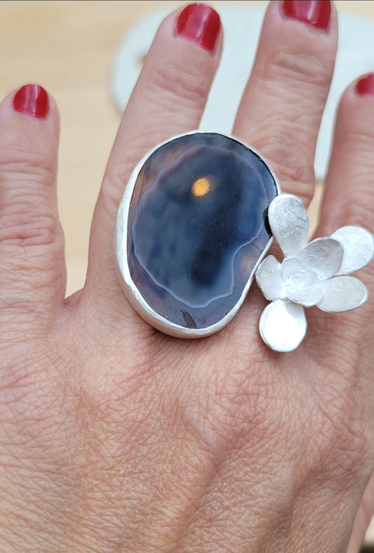 Sterling Silver Agate Slice and Succulent Ring.