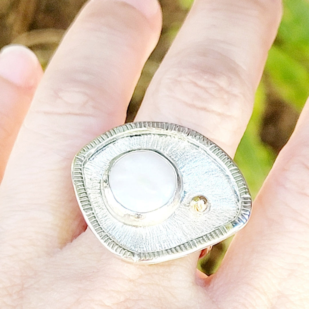 Handmade Sterling Silver Ring with Pearl and 14K Gold detailing