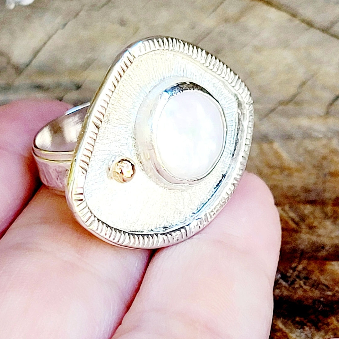 Handmade Sterling Silver Ring with Pearl and 14K Gold detailing
