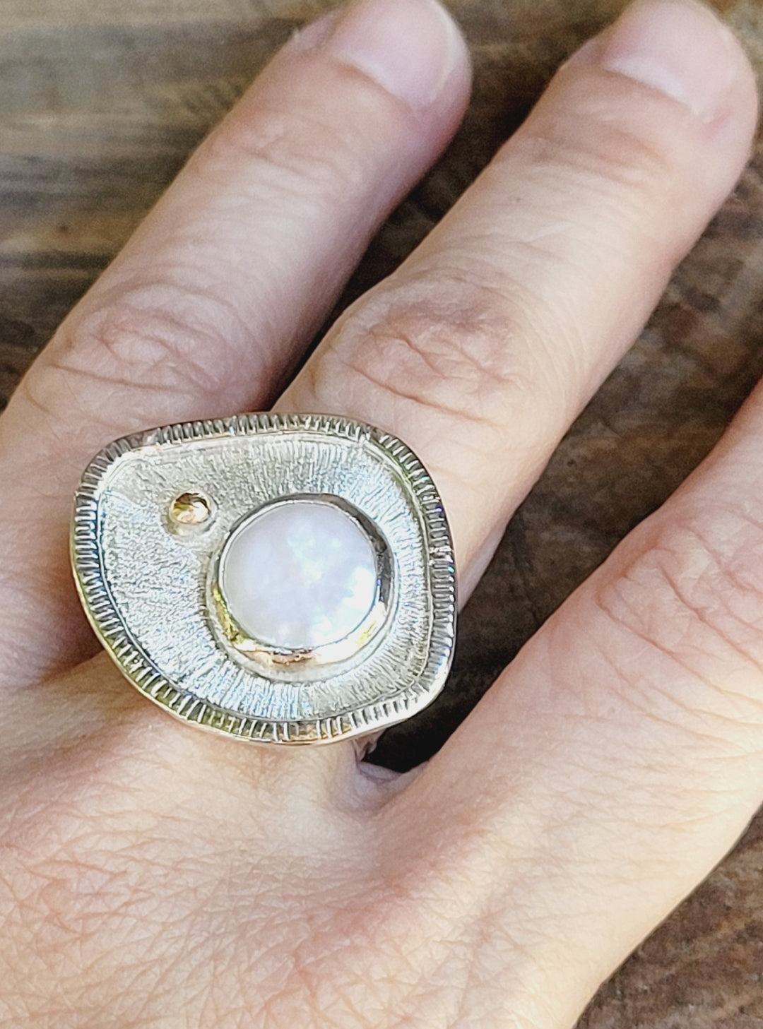 Handmade Sterling Silver Ring with Pearl and 14K Gold detailing