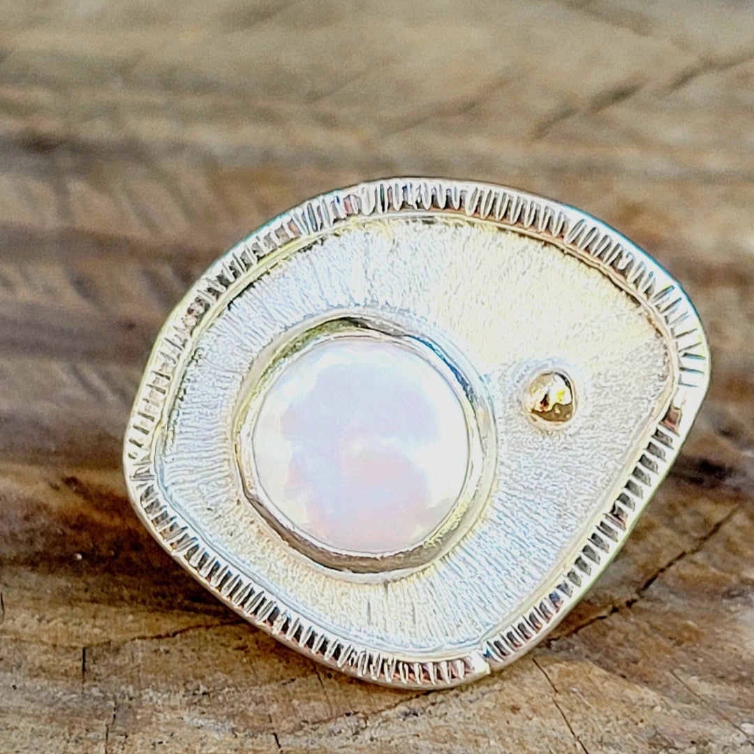 Handmade Sterling Silver Ring with Pearl and 14K Gold detailing